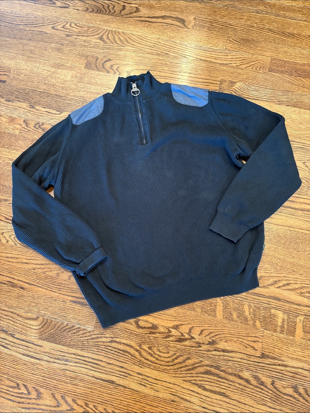 Barbour Men's Half-Zip black cotton Sweater with Shoulder Patches, XL